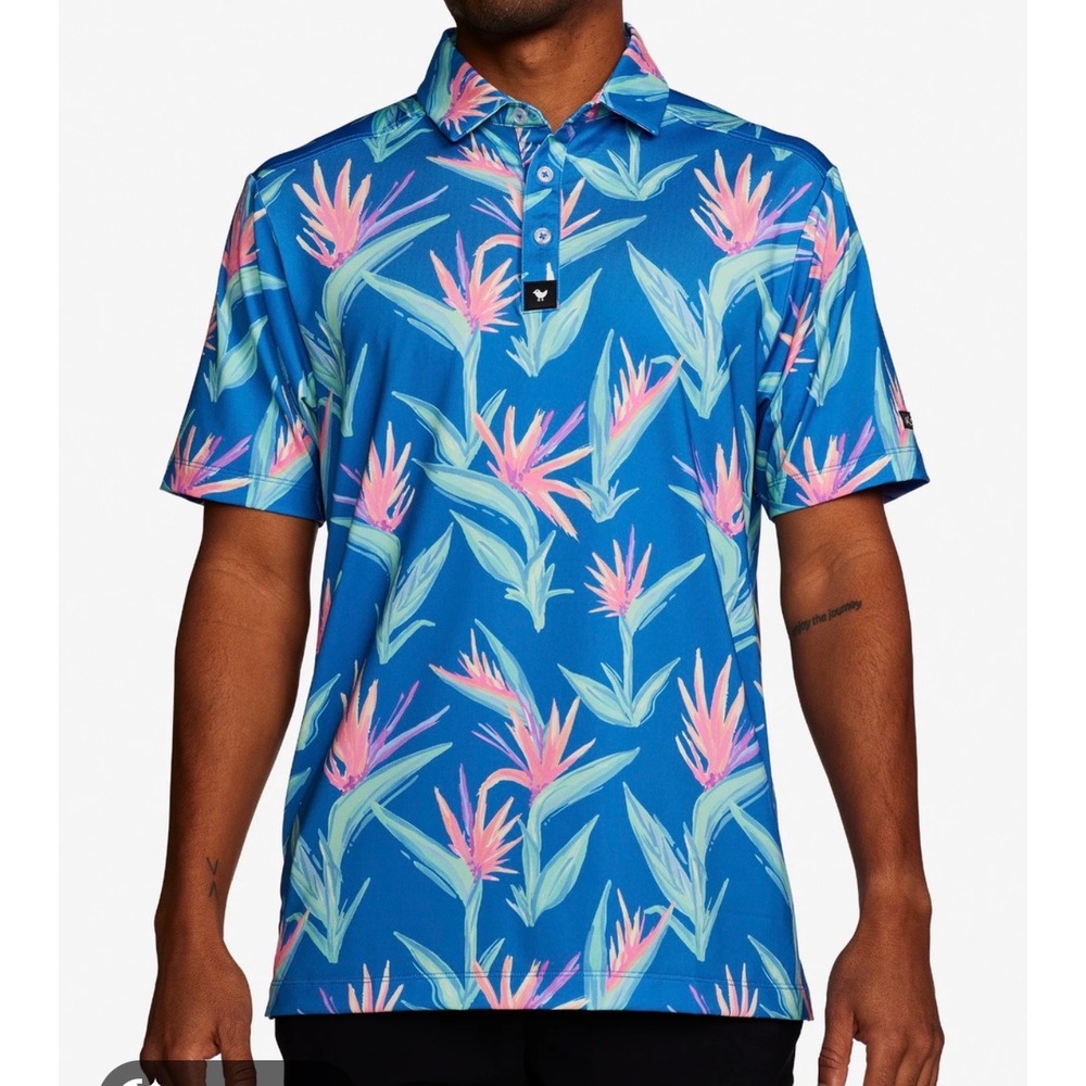 Bad Birdie‎ Mens Bird of Paradise Floral Golf Polo Blue Pink Short Sleeve Small